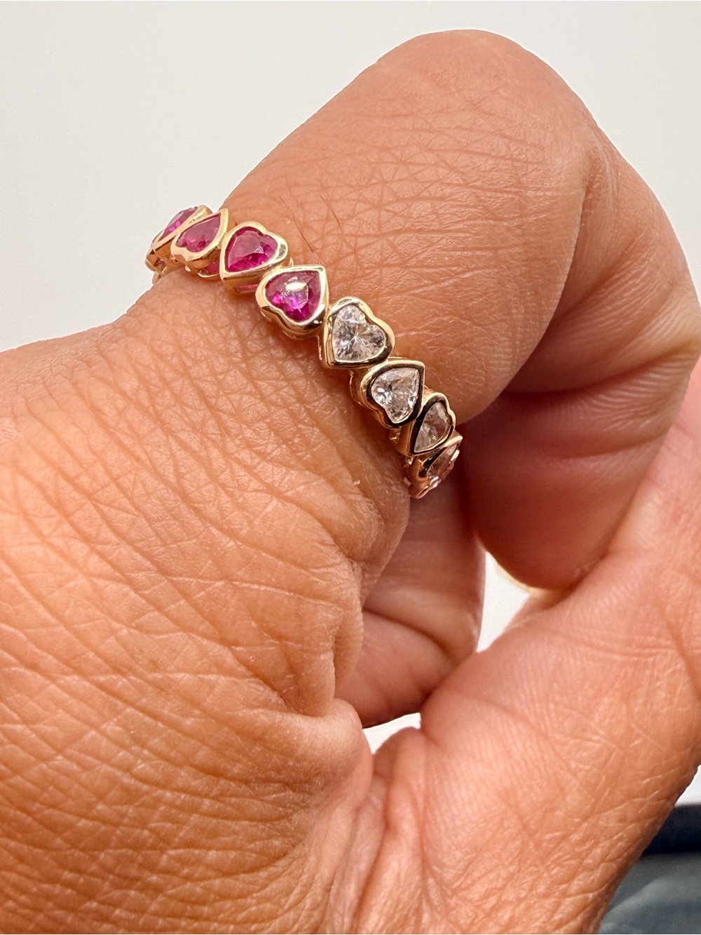 14K Gold Pink & Clear Heart Gemstone Eternity Band Ring Size 7 – Untested